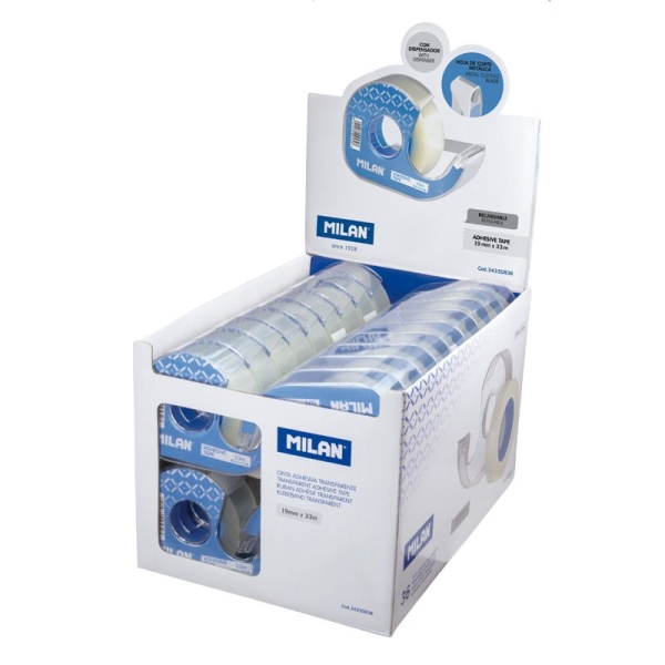Milan Expositor de 36 Cintas Adhesivas Transparentes con Dispensador - Medidas 19mm x 33m - Color Transparente Brillante