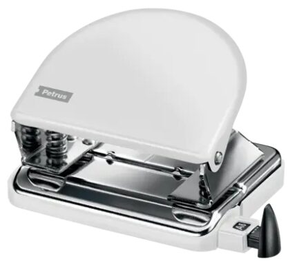 Petrus 52 WOW Taladro Perforador Clasico Metalico - Hasta 20 Hojas - Marcas de Formato - Facil Vaciado - Punzones 5.5mm - Color Blanco Metalizado
