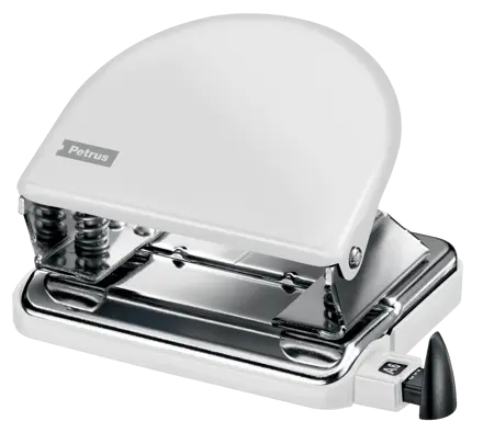 Petrus 52 WOW Taladro Perforador Clasico Metalico - Hasta 20 Hojas - Marcas de Formato - Facil Vaciado - Punzones 5.5mm - Color Blanco Metalizado