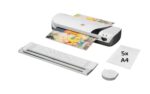 GBC Inspire+ A4 Set de Plastificadora + Recortadora de Esquinas + Cizalla + Paquete de 5 Bolsas de Plastificacion A4 - Hasta Tamaño A4 - Velocidad 250mm/min - Calentamiento en 4 Minutos - Ajuste Adicional Frio - Grueso Bolsa 75 y 125mic - Color Blanco