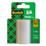Scotch Magic Pack de 3 Cintas Adhesivas Invisible - 19mm x 15m - Promocion 2 Unidades + 1 Gratis - Color Transparente