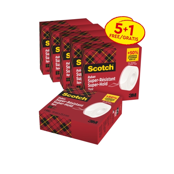 Scotch Super-Hold Pack de 6 Cintas Adhesivas - Extrafuerte - 19mm x 25.4m - Promocion 5 + 1 Gratis - Color Transparente Scotch Super-Hold Pack de 6 Cintas Adhesivas - Extrafuerte - 19mm x 25.4m - Promocion 5 + 1 Gratis - Color Transparente