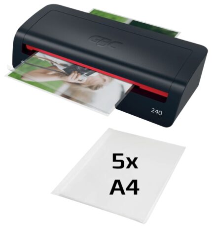 GBC 240 Home Office A4 Plastificadora - Calentamiento en 2 Minutos - Desde Documentos de Identidad hasta Documentos A4 - Compatible con Bolsas de 75 a 125 micras - Color Negro/Rojo