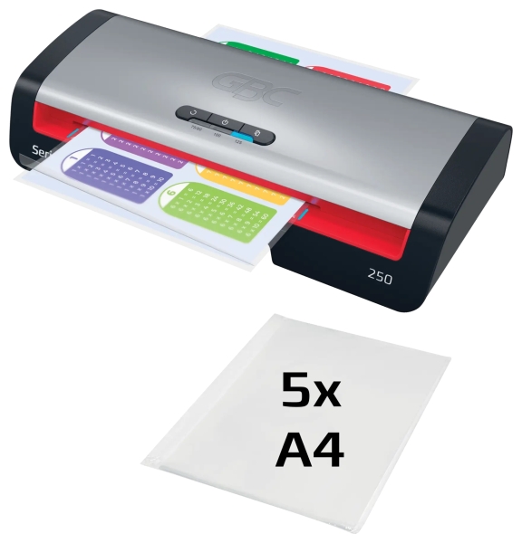 GBC 250 Home Office A4 Plastificadora - Calentamiento en 1 Minuto - Desde Documentos de Identidad hasta Documentos A4 - Compatible con Bolsas de 75 a 125 micras - Color Negro/Plata