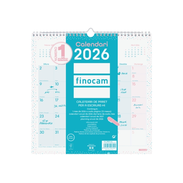 Finocam Chic Calendario de Pared en Catalan - Anual 2026 - 300x5x310mm - Espacio para Escribir - Color Turquesa