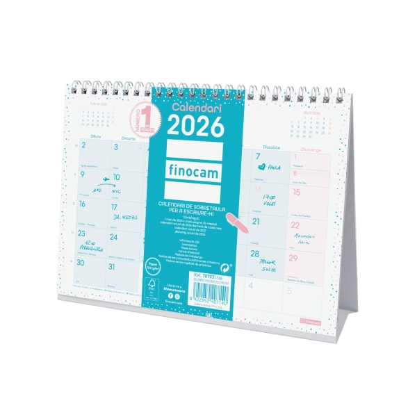 Finocam Chic Calendario de Sobremesa en Catalan - Anual 2026 - 210x70x155mm - Espacio para Escribir - Color Turquesa Finocam Chic Calendario de Sobremesa en Catalan - Anual 2026 - 210x70x155mm - Espacio para Escribir - Color Turquesa
