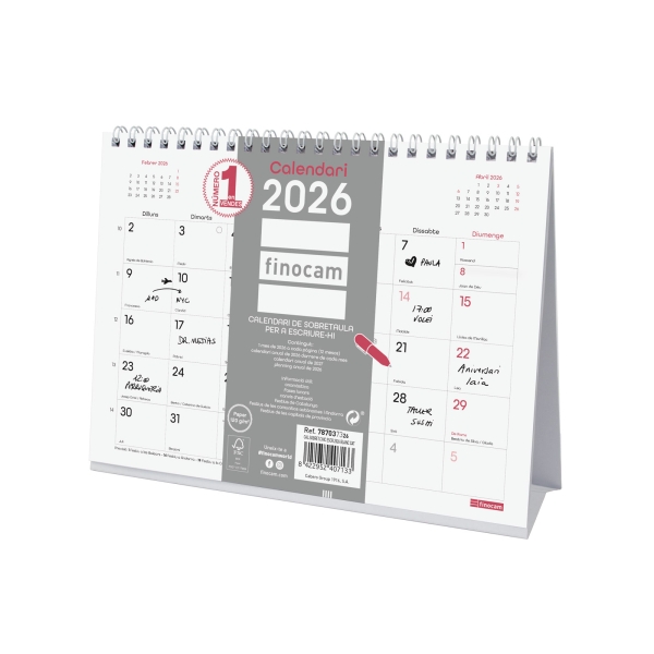 Finocam Chic Calendario de Sobremesa en Catalan - Anual 2026 - 210x70x155mm - Espacio para Escribir - Color Blanco