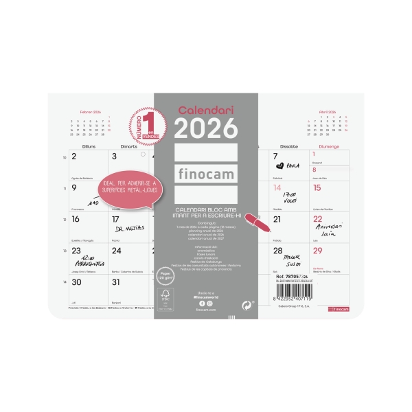 Finocam Chic Calendario Imantado en Catalan - Anual 2026 - Bloc Encolado - 210x6x150mm - Espacio para Escribir - Color Blanco