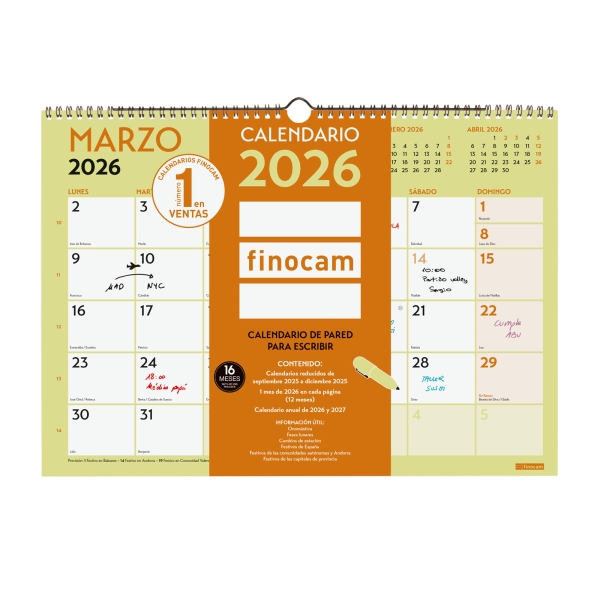 Finocam Grafik Calendario de Pared - Anual 2026 - 420x10x300mm - Espacio para Escribir - Color Surtidos