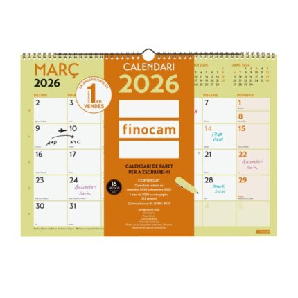 Finocam Grafik Calendario de Pared en Catalan - Anual 2026 - 420x10x300mm - Espacio para Escribir - Color Surtidos