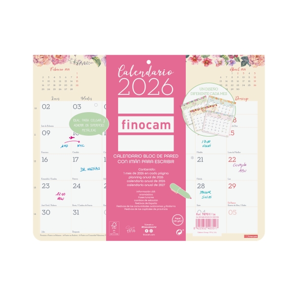 Finocam Design Calendario Imantado - Anual 2026 - Bloc Encolado - 250x6x200mm - Espacio para Escribir - Color Surtidos