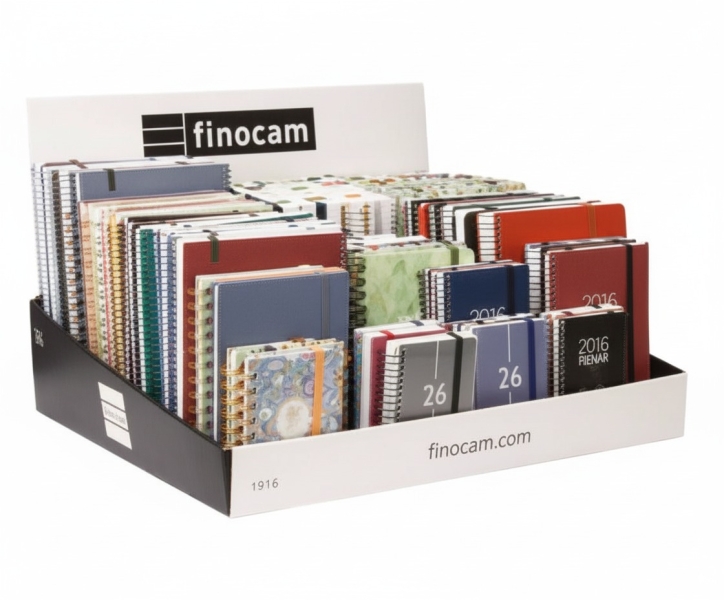 Finocam Expositor Grande con 100 Agendas de Espiral Surtidas - Anual 2026 - Color Surtidos