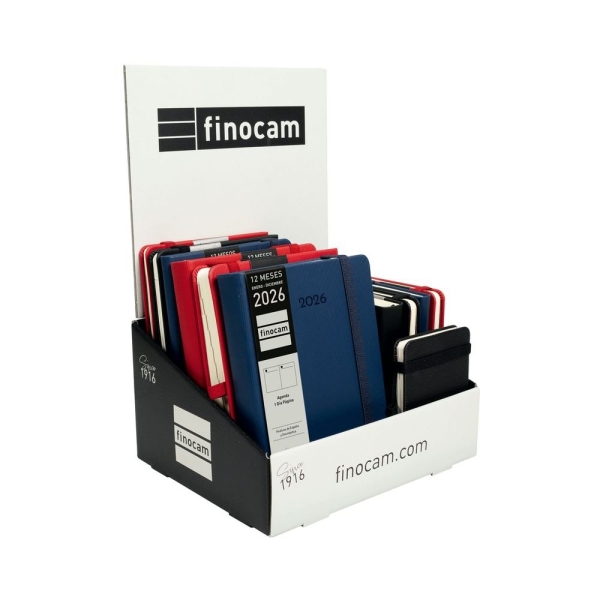 Finocam Minimal Textura Expositor con 12 Agendas Surtidas - Anual 2026 - Tapa Dura - Cierre con Goma Elastica - Color Surtidos