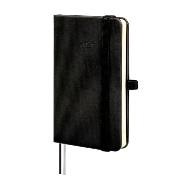 Finocam Minimal Textura Agenda - Anual 2026 - Tapa Dura - Cierre con Goma Elastica - Formato M2 - 86x17x132mm - Semana Vista Horizontal - Color Negro Finocam Minimal Textura Agenda - Anual 2026 - Tapa Dura - Cierre con Goma Elastica - Formato M2 - 86x17x132mm - Semana Vista Horizontal - Color Negro