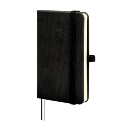 Finocam Minimal Textura Agenda en Catalan - Anual 2026 - Tapa Dura - Cierre con Goma Elastica - Formato M2 - 86x17x132mm - Semana Vista Horizontal - Color Negro