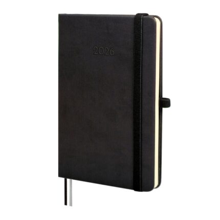 Finocam Minimal Textura Agenda - Anual 2026 - Tapa Dura - Cierre con Goma Elastica - Formato M4 - 124x16x174mm - Semana Vista Horizontal - Color Negro