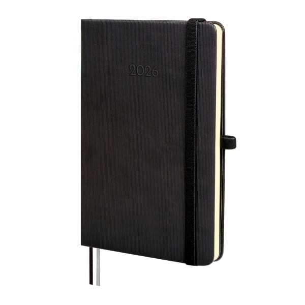 Finocam Minimal Textura Agenda - Anual 2026 - Tapa Dura - Cierre con Goma Elastica - Formato M4 - 124x16x174mm - Semana Vista Horizontal - Color Negro
