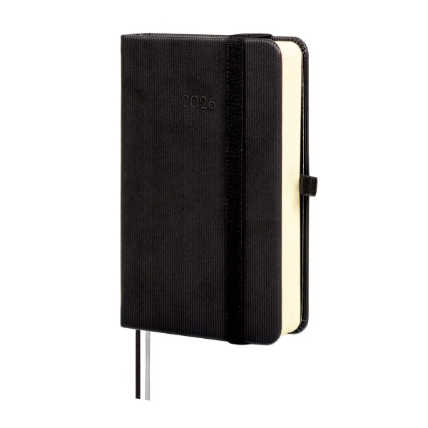 Finocam Minimal Textura Agenda - Anual 2026 - Tapa Dura - Cierre con Goma Elastica - Formato M2 - 86x27x132mm - 1 Dia por Pagina - Color Negro