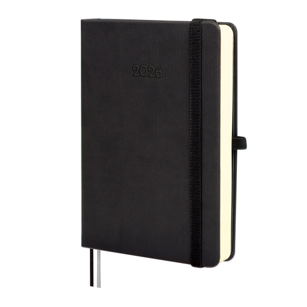 Finocam Minimal Textura Agenda - Anual 2026 - Tapa Dura - Cierre con Goma Elastica - Formato M4 - 124x27x174mm - 1 Dia por Pagina - Color Negro