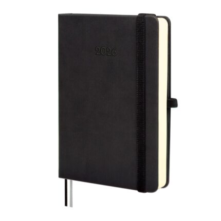 Finocam Minimal Textura Agenda en Catalan - Anual 2026 - Tapa Dura - Cierre con Goma Elastica - Formato M4 - 124x27x174mm - 1 Dia por Pagina - Color Negro