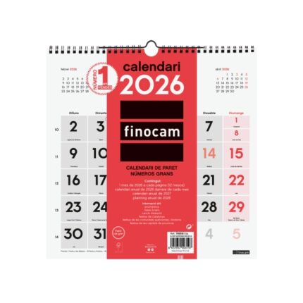 Finocam Calendario de Pared en Catalan - Anual 2026 - 300x5x310mm - Numeros Grandes - Color Blanco y Rojo