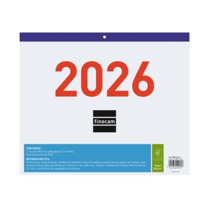 Finocam Calendario Faldilla - Anual 2026 - Formato F43 - 300x3x247mm - Espacio para Escribir - Color Blanco y Azul