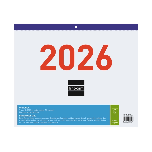Finocam Calendario Faldilla - Anual 2026 - Formato F43 - 300x3x247mm - Espacio para Escribir - Color Blanco y Azul