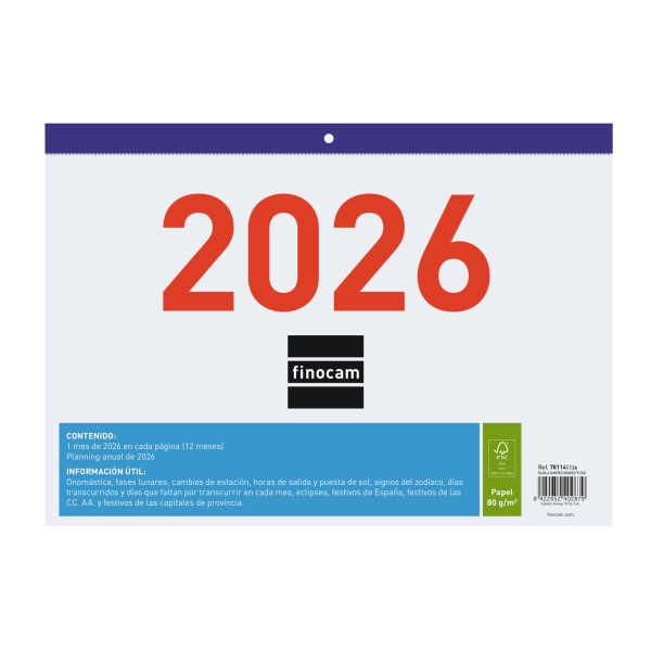 Finocam Calendario Faldilla - Anual 2026 - Formato F93 - 300x3x210mm - Numeros Grandes - Color Blanco y Azul Finocam Calendario Faldilla - Anual 2026 - Formato F93 - 300x3x210mm - Numeros Grandes - Color Blanco y Azul