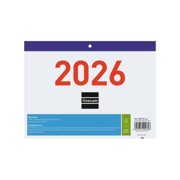 Finocam Calendario Faldilla en Catalan - Anual 2026 - Formato F92 - 210x3x150mm - Numeros Grandes - Color Blanco y Azul