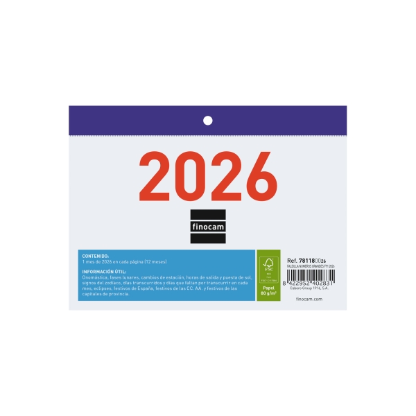 Finocam Calendario Faldilla - Anual 2026 - Formato F91 - 150x3x105mm - Numeros Grandes - Color Blanco y Azul Finocam Calendario Faldilla - Anual 2026 - Formato F91 - 150x3x105mm - Numeros Grandes - Color Blanco y Azul