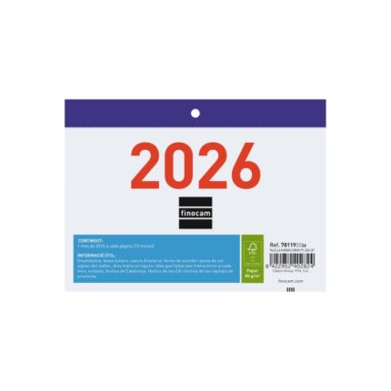 Finocam Calendario Faldilla en Catalan - Anual 2026 - Formato F91 - 150x3x105mm - Numeros Grandes - Color Blanco y Azul