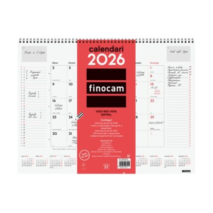 Finocam Vade Calendario de Sobremesa en Catalan - Anual 2026 - con Espiral - 420x8x320mm - Mes Vista - Color Blanco y Rojo