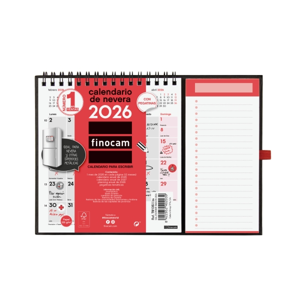 Finocam Calendario Imantado - Anual 2026 - 224x12x160mm - Espacio para Escribir - Color Blanco y Rojo