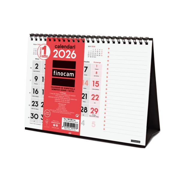 Finocam Calendario de Sobremesa en Catalan - Anual 2026 - Espacio para Notas - 210x70x160mm - Numeros Grandes - Color Blanco y Rojo Finocam Calendario de Sobremesa en Catalan - Anual 2026 - Espacio para Notas - 210x70x160mm - Numeros Grandes - Color Blanco y Rojo