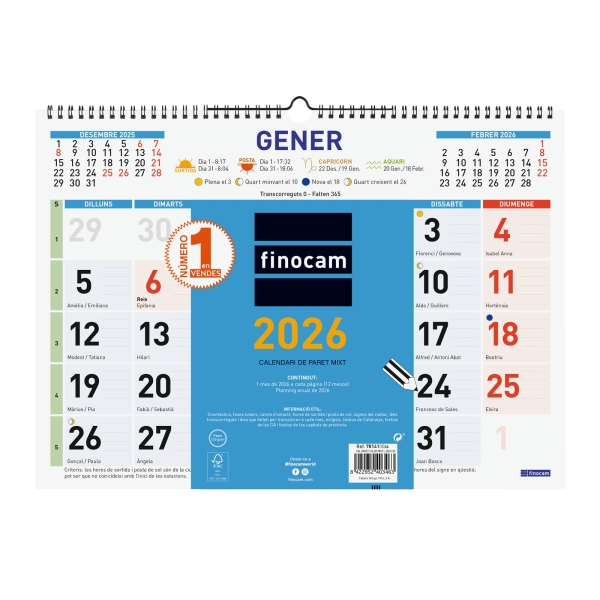 Finocam Calendario de Pared en Catalan - Anual 2026 - Espacio para Escribir - Formato L - 430x10x310mm - Numeros Grandes - Color Azul y Blanco