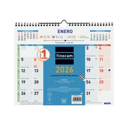 Finocam Calendario de Pared - Anual 2026 - Formato M - 300x10x255mm - Espacio para Escribir - Color Azul y Blanco