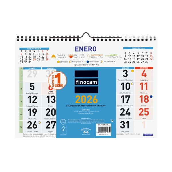Finocam Calendario de Pared - Anual 2026 - Formato M - 300x10x220mm - Numeros Grandes - Color Azul y Blanco Finocam Calendario de Pared - Anual 2026 - Formato M - 300x10x220mm - Numeros Grandes - Color Azul y Blanco