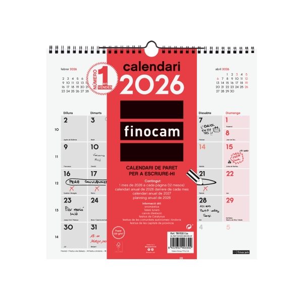Finocam Calendario de Pared en Catalan - Anual 2026 - 300x5x310mm - Espacio para Escribir - Color Blanco y Rojo