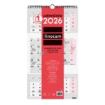 Finocam Calendario de Pared - Anual 2026 - Espacio para Escribir - 236x8x440mm - 3 Meses Vista - Color Blanco y Rojo