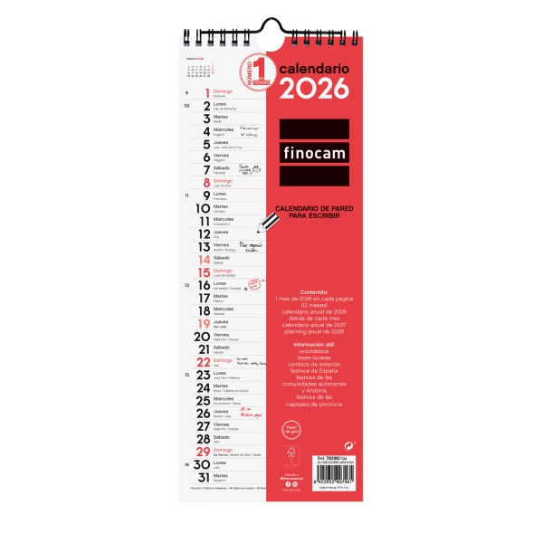 Finocam Calendario de Pared - Anual 2026 - Formato Largo M - 130x5x335mm - Espacio para Escribir - Color Blanco y Rojo Finocam Calendario de Pared - Anual 2026 - Formato Largo M - 130x5x335mm - Espacio para Escribir - Color Blanco y Rojo