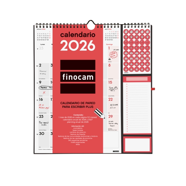 Finocam Calendario de Pared - Anual 2026 - Anilla Portaboligrafo - 300x11x335mm - Espacio para Escribir - Color Blanco y Rojo