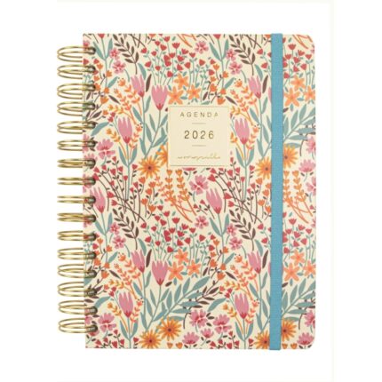 Finocam Moniquilla Agenda de Espiral en Catalan - Anual 2026 - Planificador - Cierre de Goma - Formato E10 - 155X212mm - 1 Dia por Pagina - Tematica de Flores