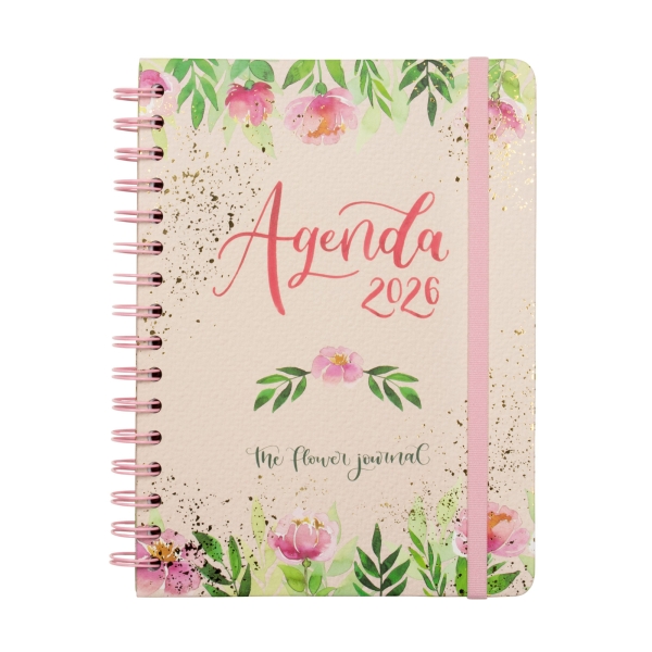 Finocam Flower Journal Agenda de Espiral - Anual 2026 - Tapa Dura - Cierre de Goma - Formato E10 - 155X212mm - Semana Vista Horizontal - Color Rosa