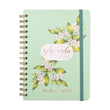 Finocam Flower Journal Agenda de Espiral en Catalan - Anual 2026 - Tapa Dura - Cierre de Goma - Formato E10 - 155X212mm - Semana Vista Horizontal - Color Verde