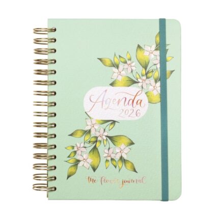 Finocam Flower Journal Agenda de Espiral - Anual 2026 - Tapa Dura - Cierre de Goma - Formato E10 - 155X212mm - 1 Dia por Pagina - Color Verde