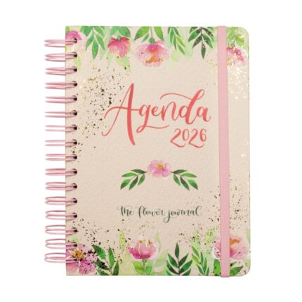 Finocam Flower Journal Agenda de Espiral en Catalan - Anual 2026 - Tapa Dura - Cierre de Goma - Formato E10 - 155X212mm - 1 Dia por Pagina - Color Rosa
