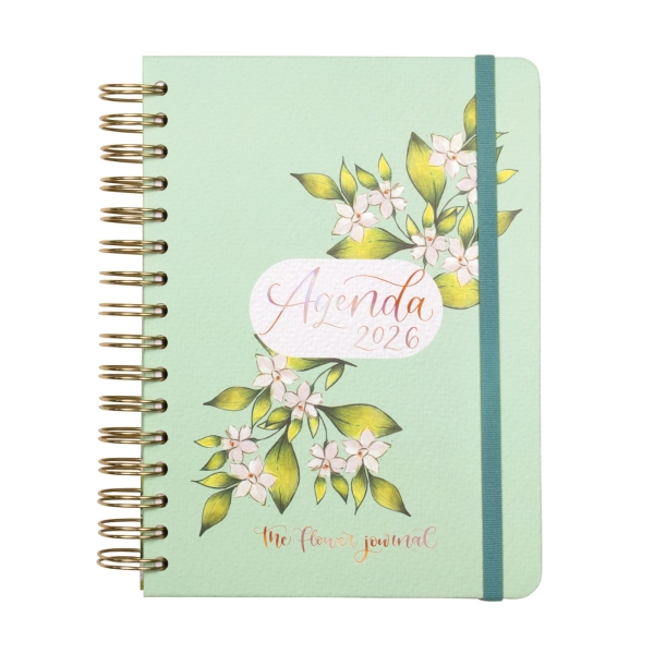 Finocam Flower Journal Agenda de Espiral en Catalan - Anual 2026 - Tapa Dura - Cierre de Goma - Formato E10 - 155X212mm - 1 Dia por Pagina - Color Verde