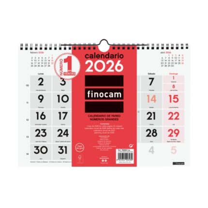Finocam Calendario de Pared - Anual 2026 - Formato M - 300x5x220mm - Numeros Grandes - Color Blanco y Rojo