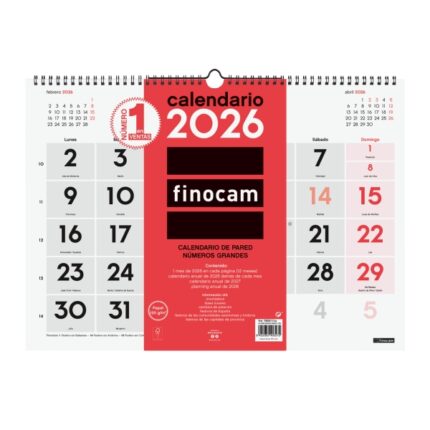 Finocam Calendario de Pared - Anual 2026 - 430x5x320mm - Numeros Grandes - Color Blanco y Rojo