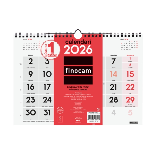 Finocam Calendario de Pared en Catalan - Anual 2026 - Formato M - 300x5x220mm - Numeros Grandes - Color Blanco y Rojo Finocam Calendario de Pared en Catalan - Anual 2026 - Formato M - 300x5x220mm - Numeros Grandes - Color Blanco y Rojo